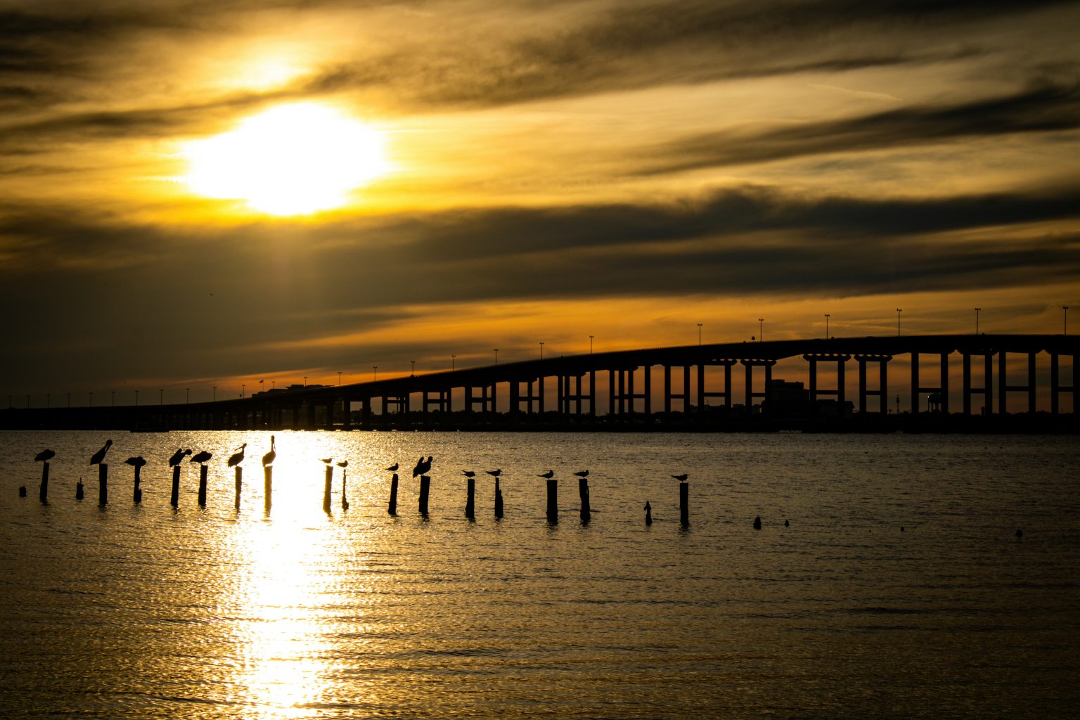 Meridian bridge at sunset over the Mississippi Sound